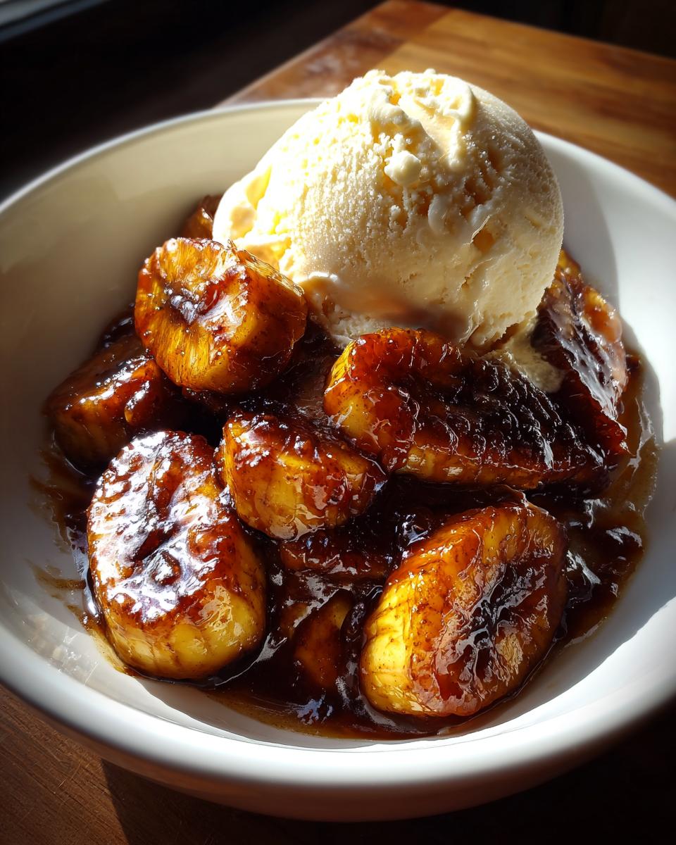 Close-up of caramelized bananas in rich sauce topped with a scoop of vanilla ice cream, classic Bananas Foster.