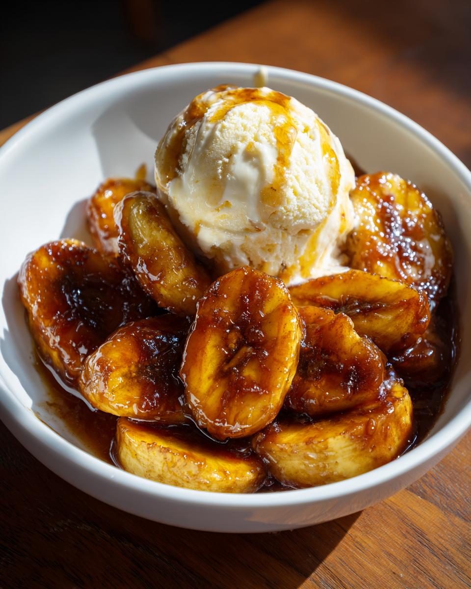 Close-up of warm, caramelized bananas foster served with a scoop of vanilla ice cream in a white bowl.
