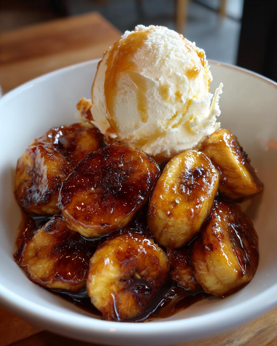 Close-up of caramelized bananas foster topped with a melting scoop of vanilla ice cream.