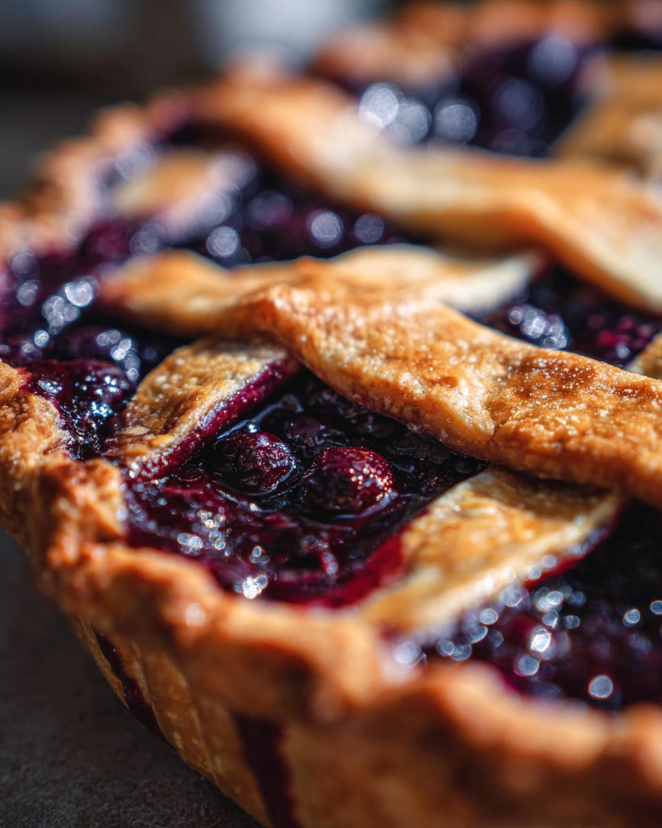 Extreme close-up of a homemade blackberry pie showing juicy filling and golden lattice crust.