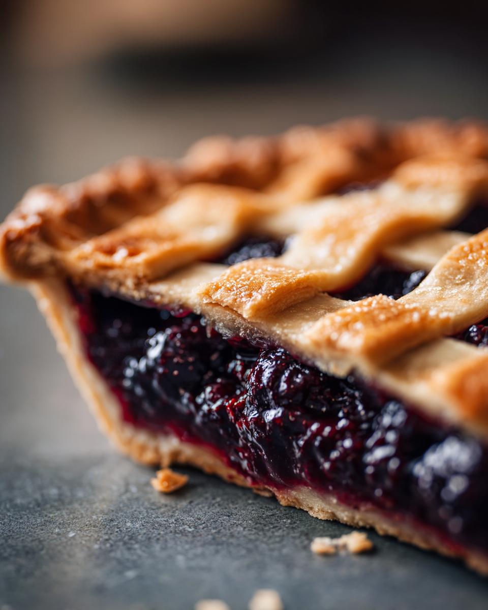 A close-up cross-section of a slice of blackberry pie showing the dark, juicy filling and golden lattice crust.