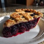 A close-up slice of homemade blackberry pie showing a thick, juicy filling and a golden lattice crust.