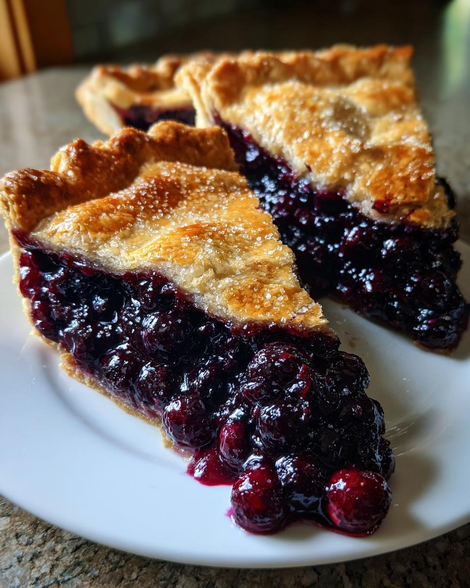 Two thick slices of homemade blueberry pie recipe showing a rich, dark blueberry filling and golden, sugared crust.