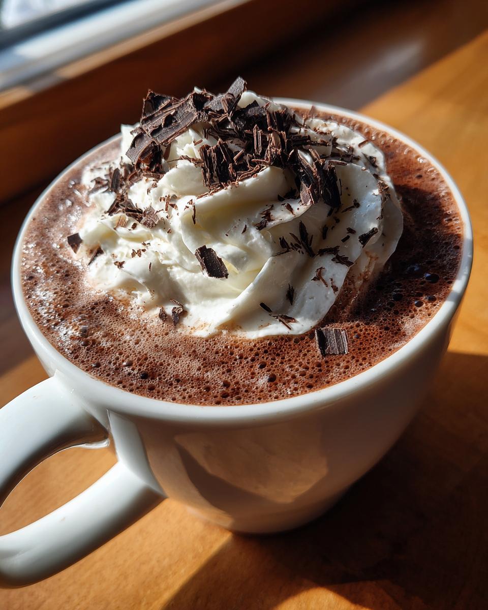 Close-up of a mug filled with rich boozy hot chocolate, topped with whipped cream and dark chocolate shavings.