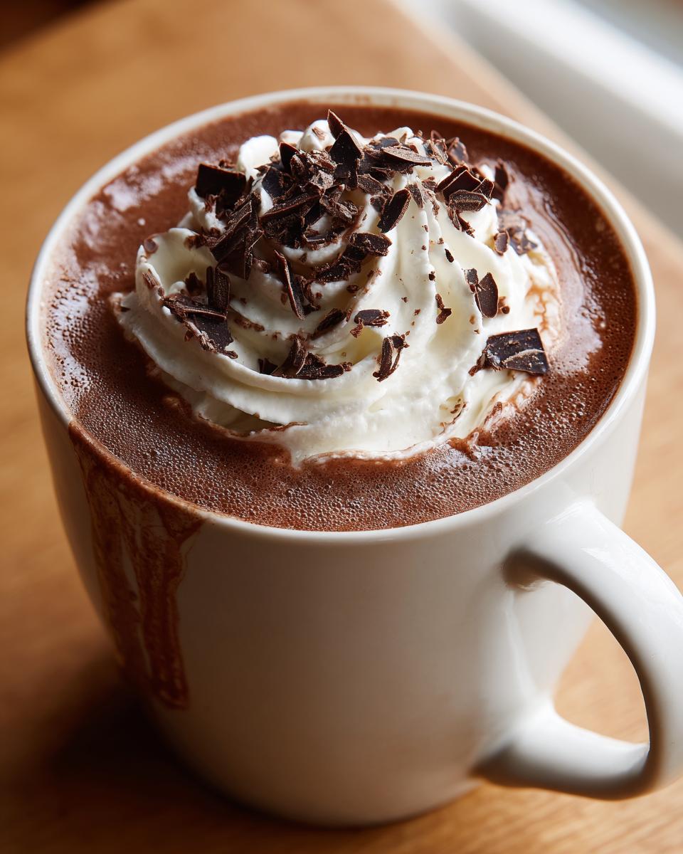 Close-up of a mug filled with rich boozy hot chocolate, topped with whipped cream and dark chocolate shavings.
