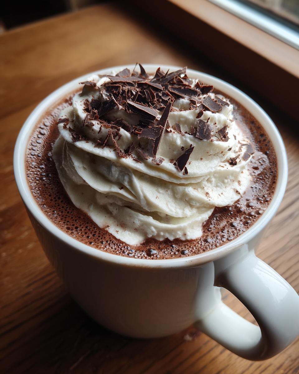 A close-up of a mug filled with boozy hot chocolate, topped with whipped cream and chocolate shavings.