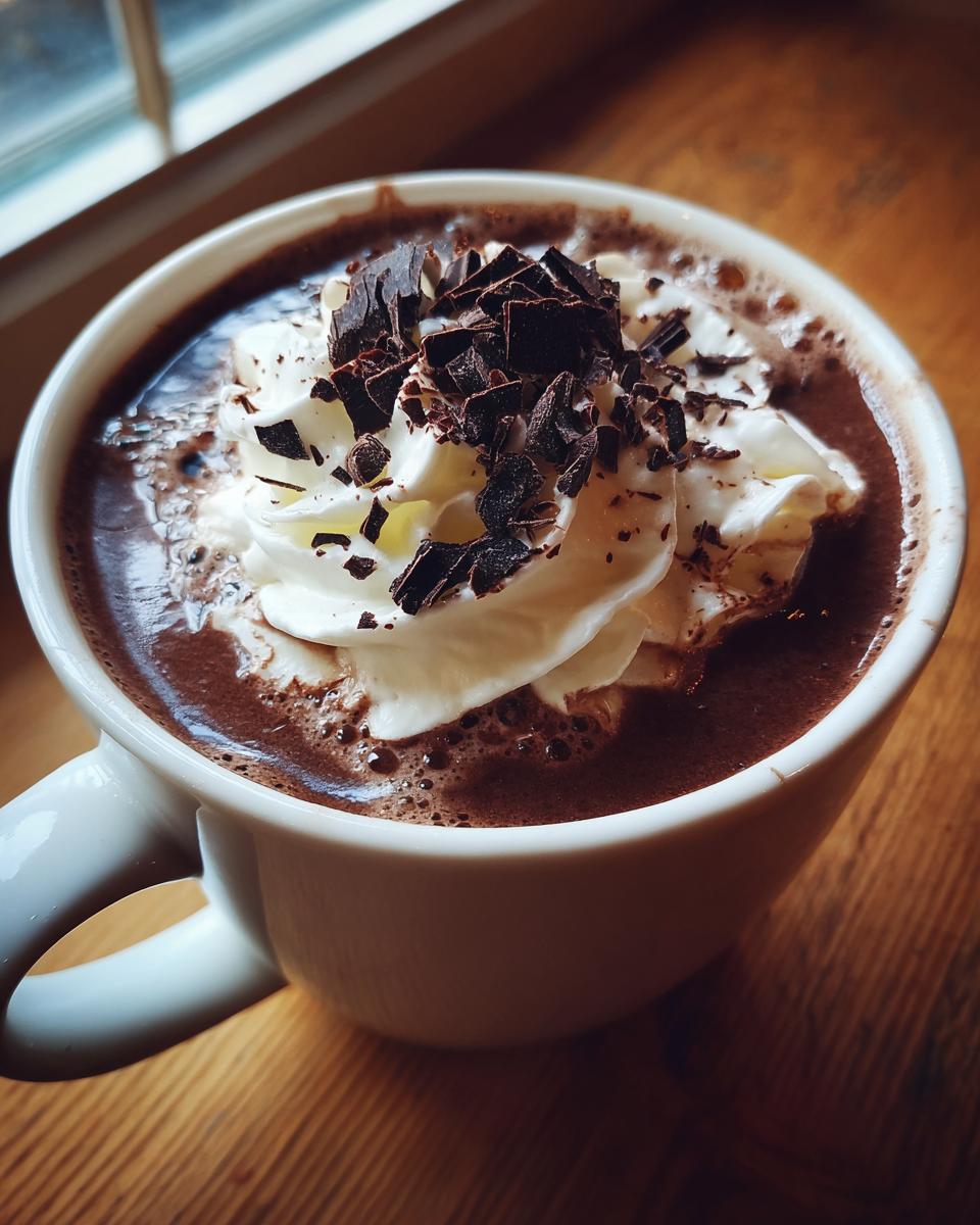 Close-up of a mug filled with rich boozy hot chocolate topped with whipped cream and dark chocolate shavings.