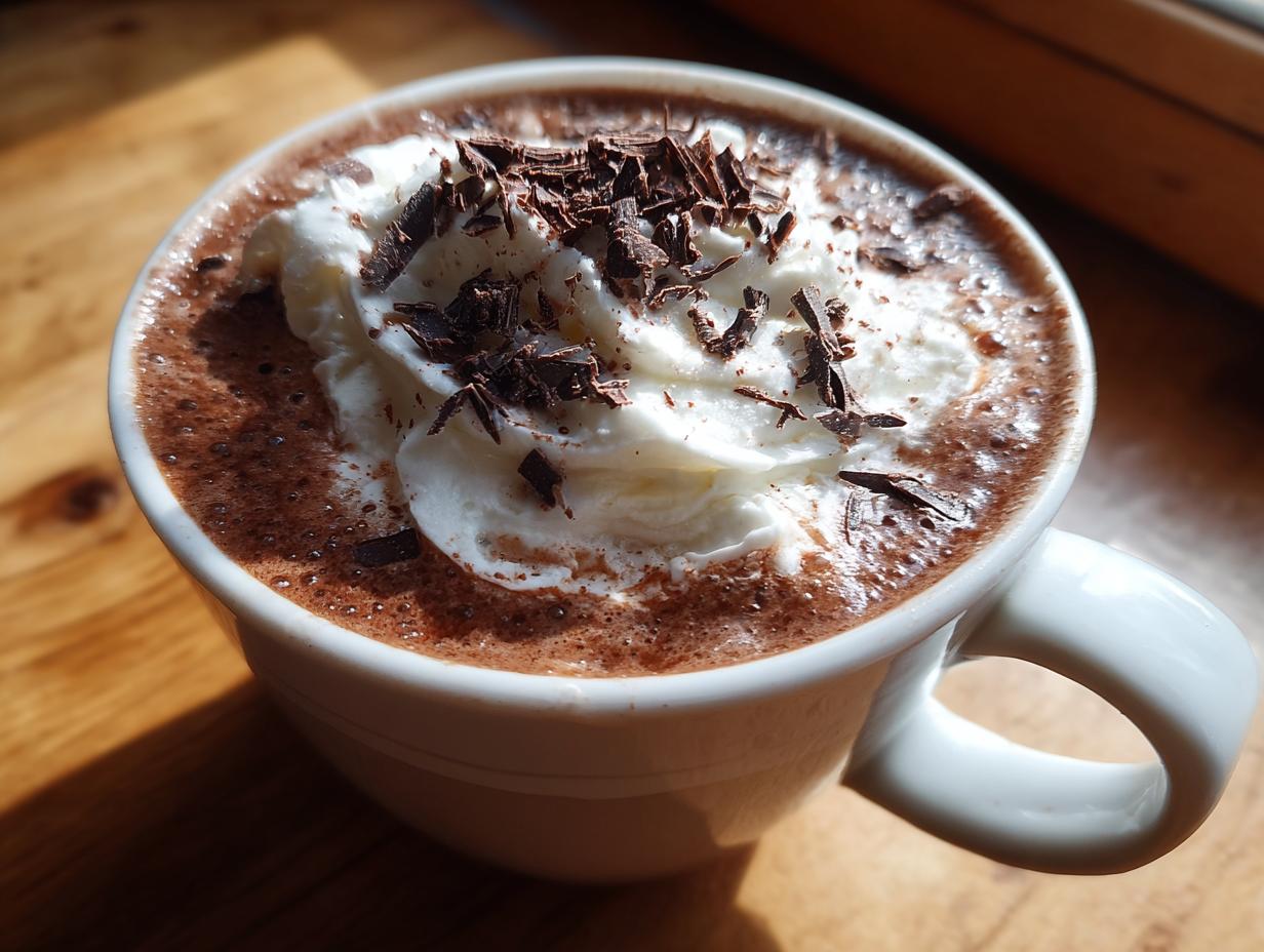 Close-up of a mug filled with rich boozy hot chocolate, topped with whipped cream and chocolate shavings.