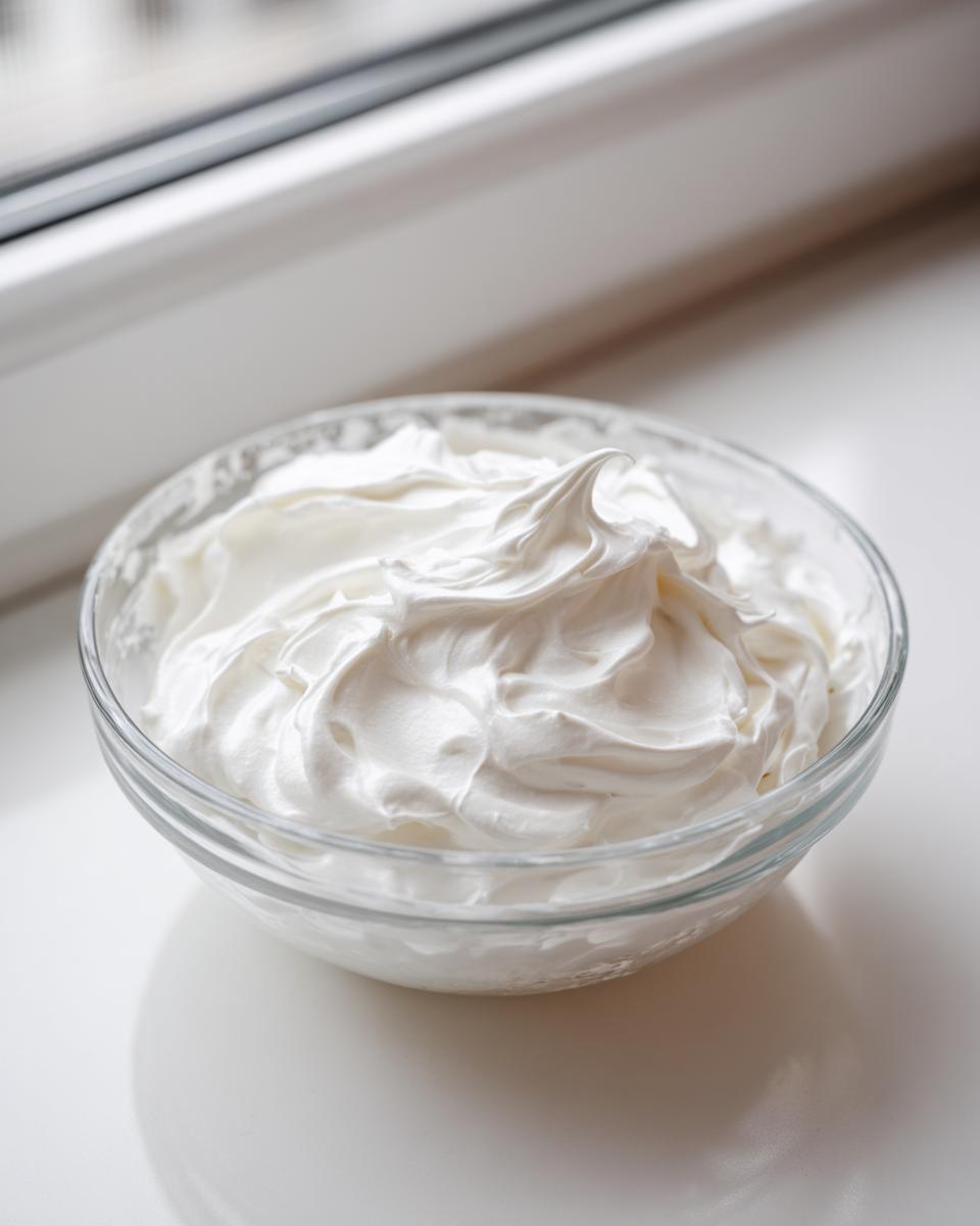 A clear glass bowl filled with stiff, glossy white royal icing recipe mixture, set near a window.