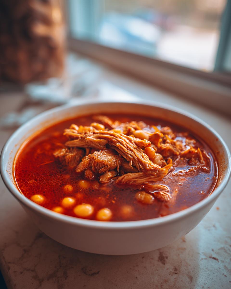 A close-up of a white bowl filled with vibrant red Pozole rojo, featuring shredded meat and hominy kernels.