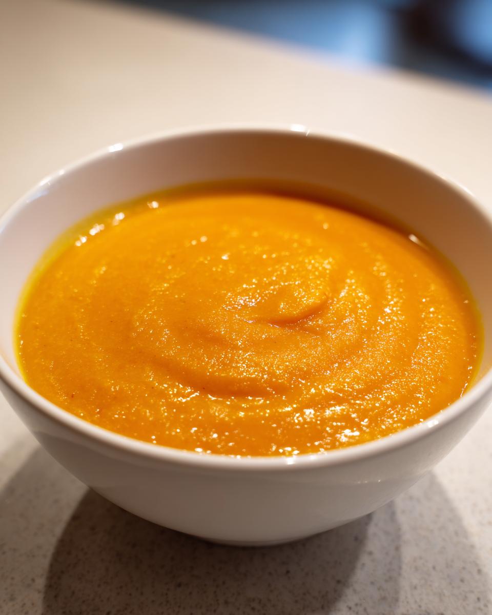 Close-up of a white bowl filled with vibrant orange, creamy roasted butternut squash soup.