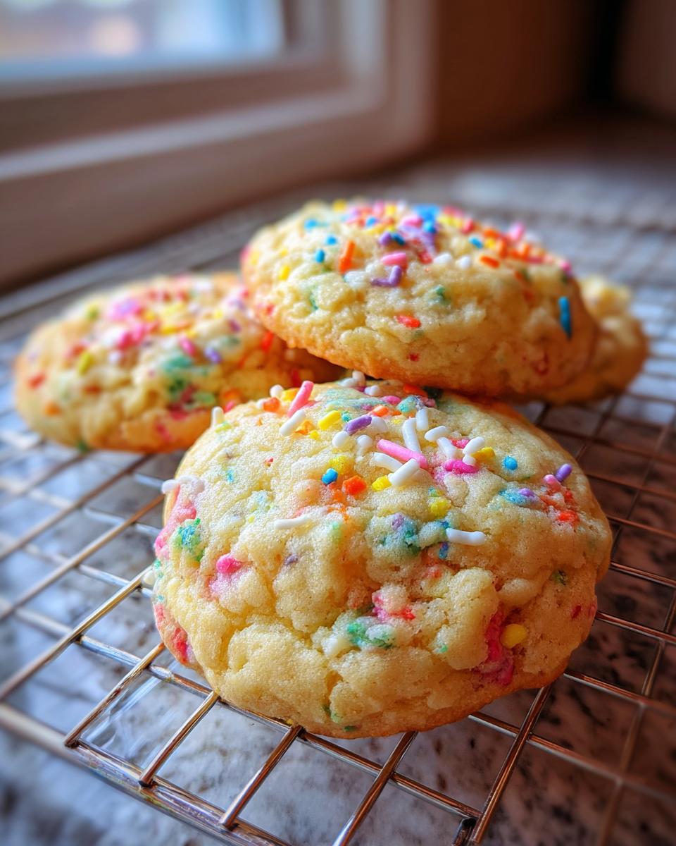Three soft, yellow cake batter cookies loaded with colorful sprinkles cooling on a wire rack.