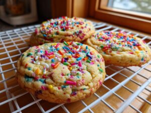 Three freshly baked cake batter cookies topped with vibrant rainbow sprinkles cooling on a white wire rack.