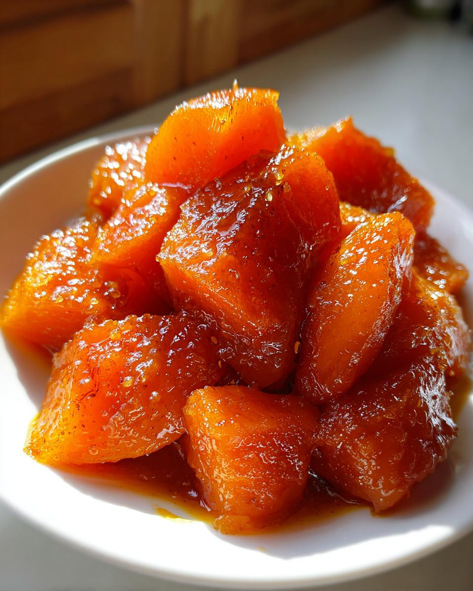 Close-up of bright orange, glazed chunks of candied yams piled high in a white bowl, glistening under natural light.