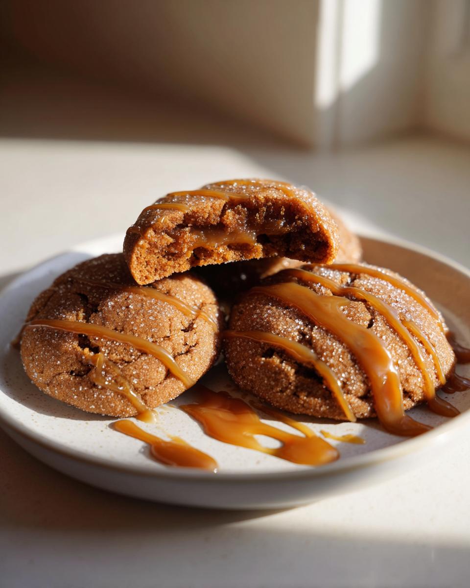 Three soft, spiced apple pie cookies rolled in sugar, drizzled with caramel, with one cookie broken open to show the gooey filling.