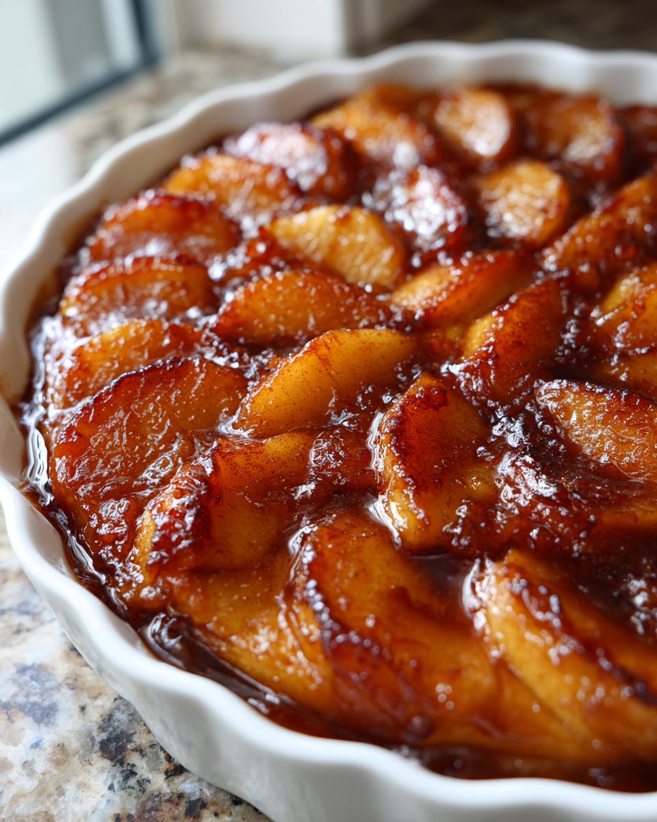 Close-up of rich, caramelized apple pie filling with cinnamon in a white scalloped baking dish.