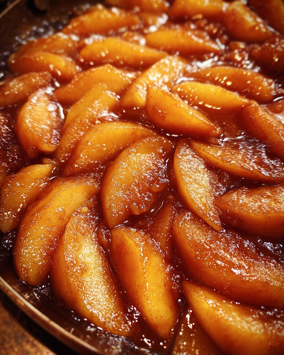 Close-up of thick, caramelized apple pie filling slices simmering in a rich, brown sauce.