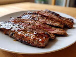 Slices of medium-rare, glazed carne asada steak resting on a white plate, showcasing the results of the carne asada marinade.