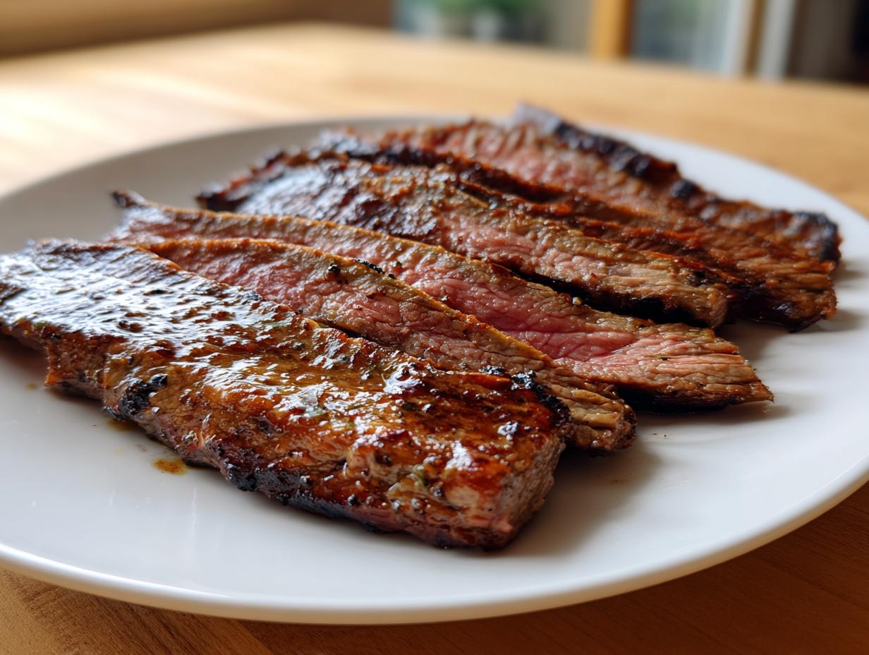 Slices of medium-rare, glazed carne asada steak resting on a white plate, showcasing the results of the carne asada marinade.