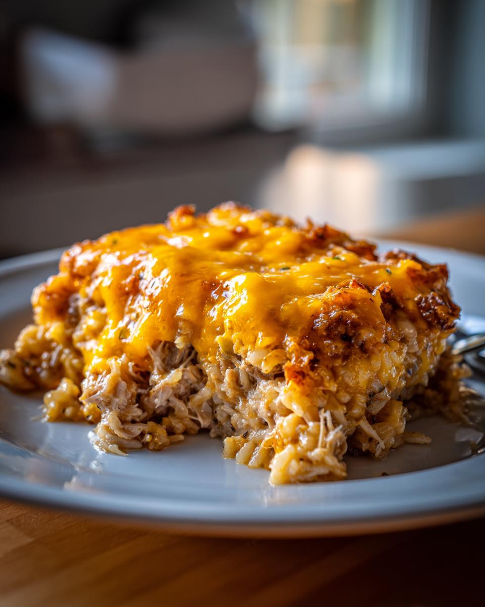 A close-up of a portion of cheesy chicken and rice casserole topped with melted cheddar cheese.