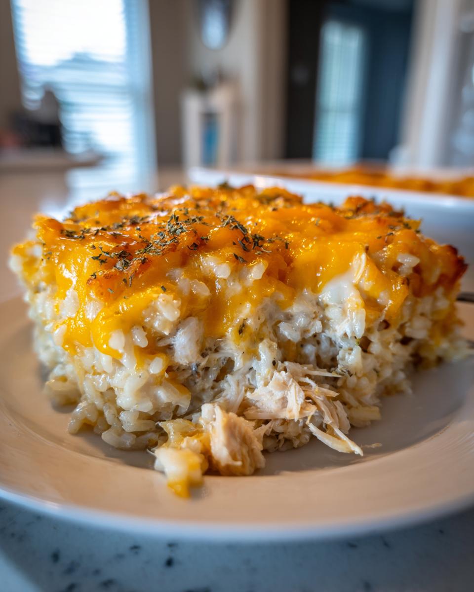 A close-up of a serving of cheesy chicken and rice topped with melted cheddar cheese and dried herbs.