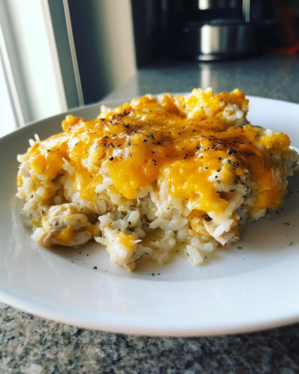 A close-up serving of cheesy chicken and rice topped with melted cheddar cheese and black pepper on a white plate.