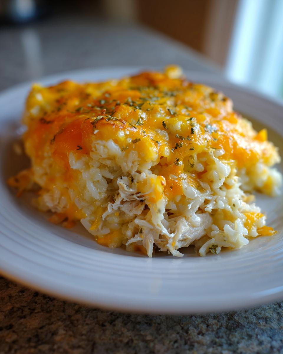 A close-up serving of cheesy chicken and rice casserole topped with melted cheddar cheese and dried herbs.