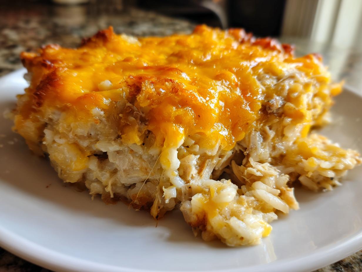 Close-up of a serving of cheesy chicken and rice, featuring melted, browned cheddar cheese on top.