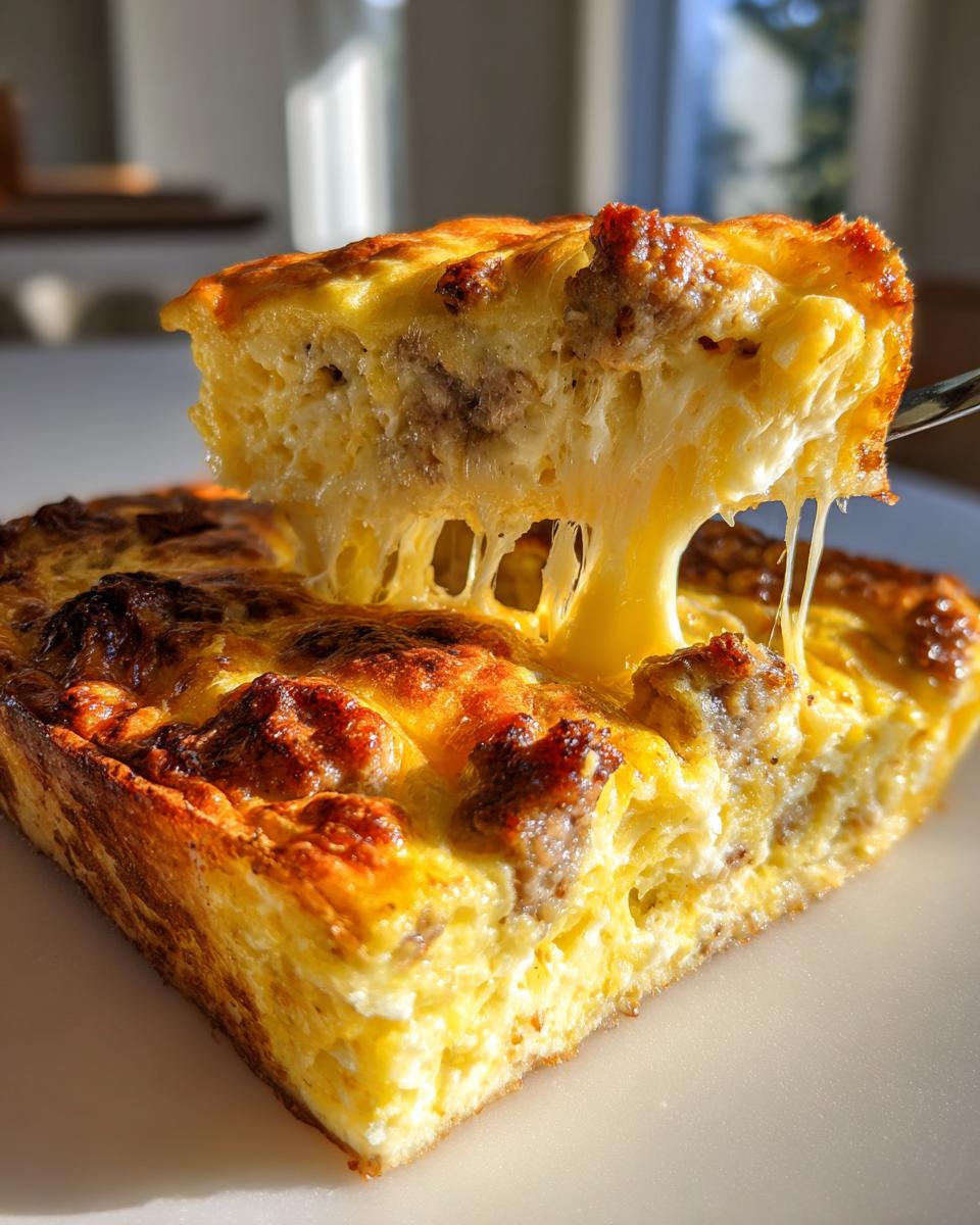A slice of cheesy Christmas breakfast casserole being lifted, showing dramatic cheese pulls and sausage chunks.
