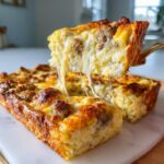 A slice of cheesy Christmas breakfast casserole being lifted, showing long, melted cheese pulls.