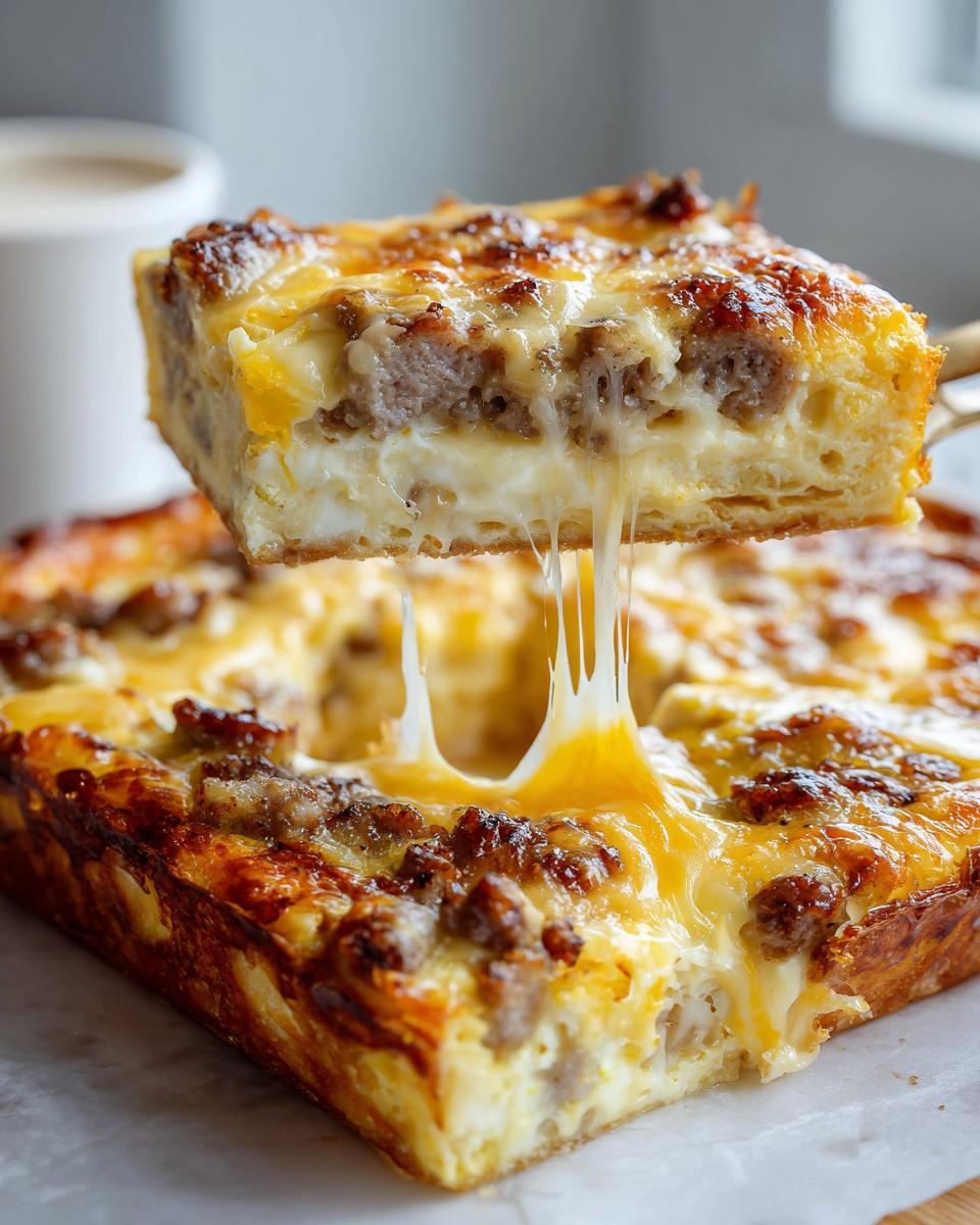 A square slice of cheesy Christmas breakfast casserole being lifted, showing melted cheese stretching.
