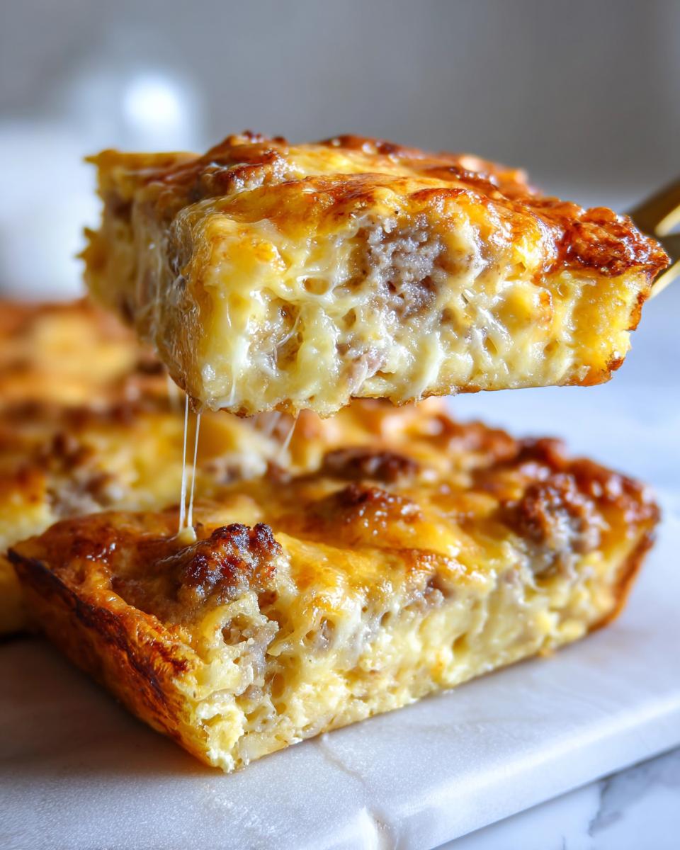 A slice of cheesy Christmas breakfast casserole being lifted, showing melted cheese strings and sausage filling.