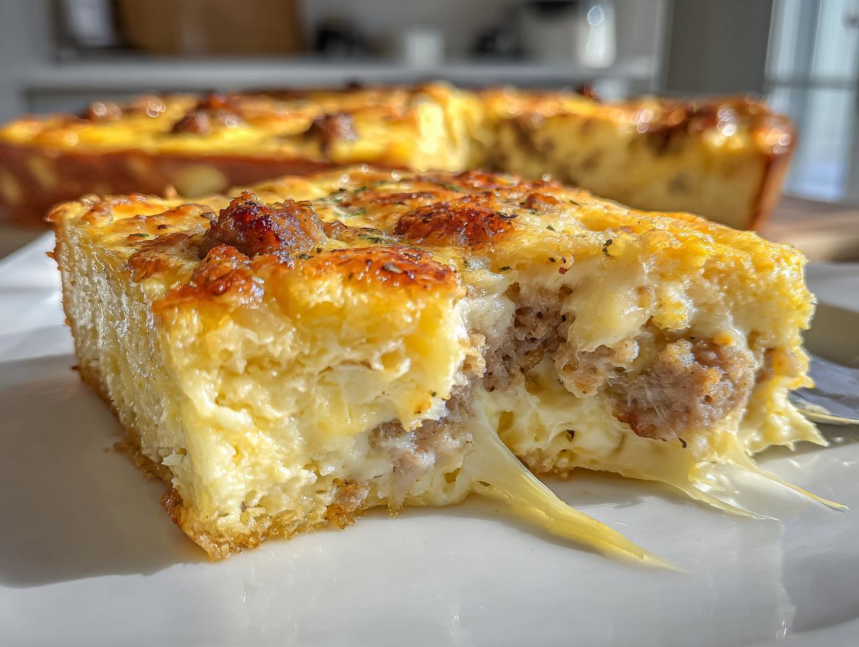 Close-up of a cheesy slice of Christmas breakfast casserole showing melted cheese pulling away from the sausage filling.
