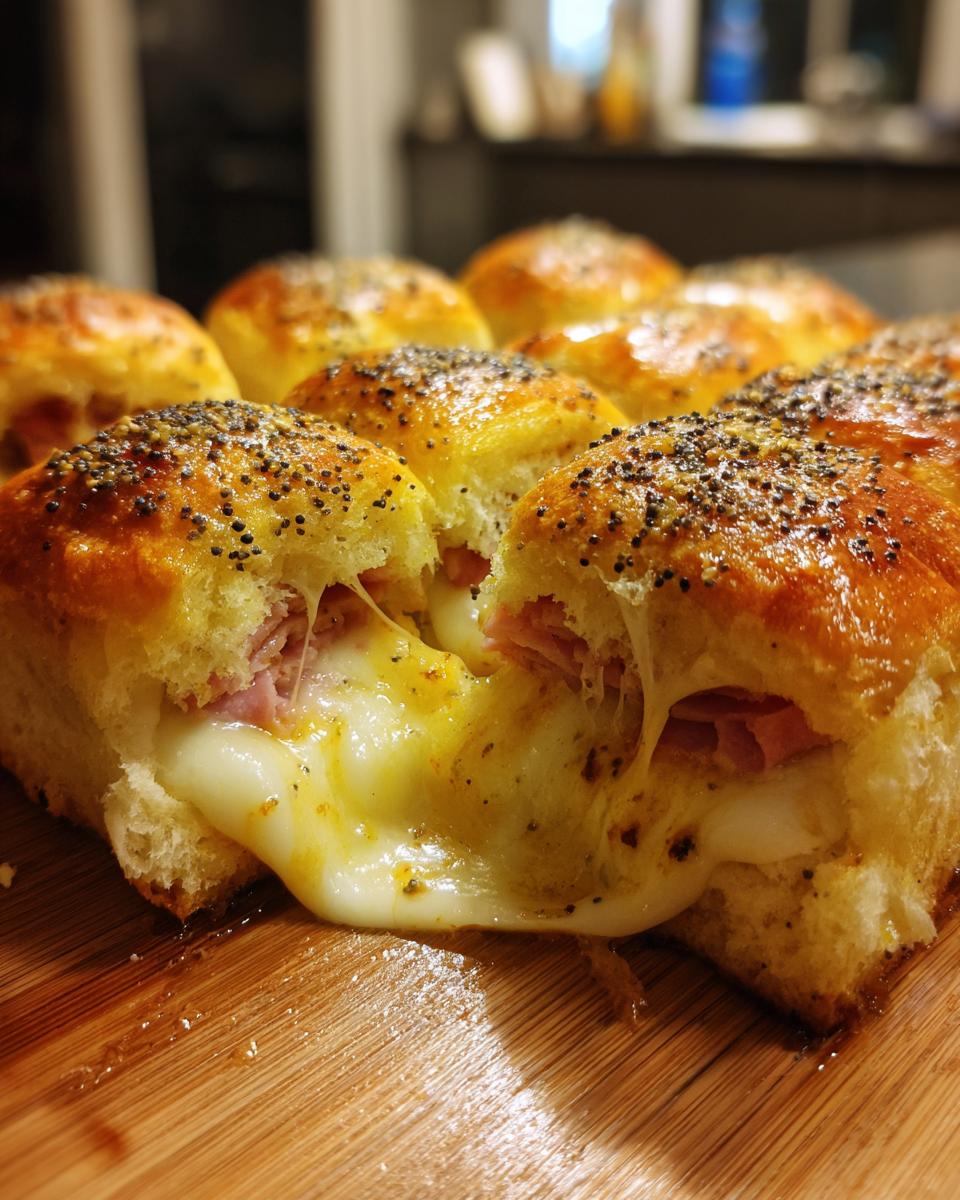 Close-up of baked Ham and Cheese Sliders pulled apart showing melted cheese stretching between the rolls topped with poppy seeds.