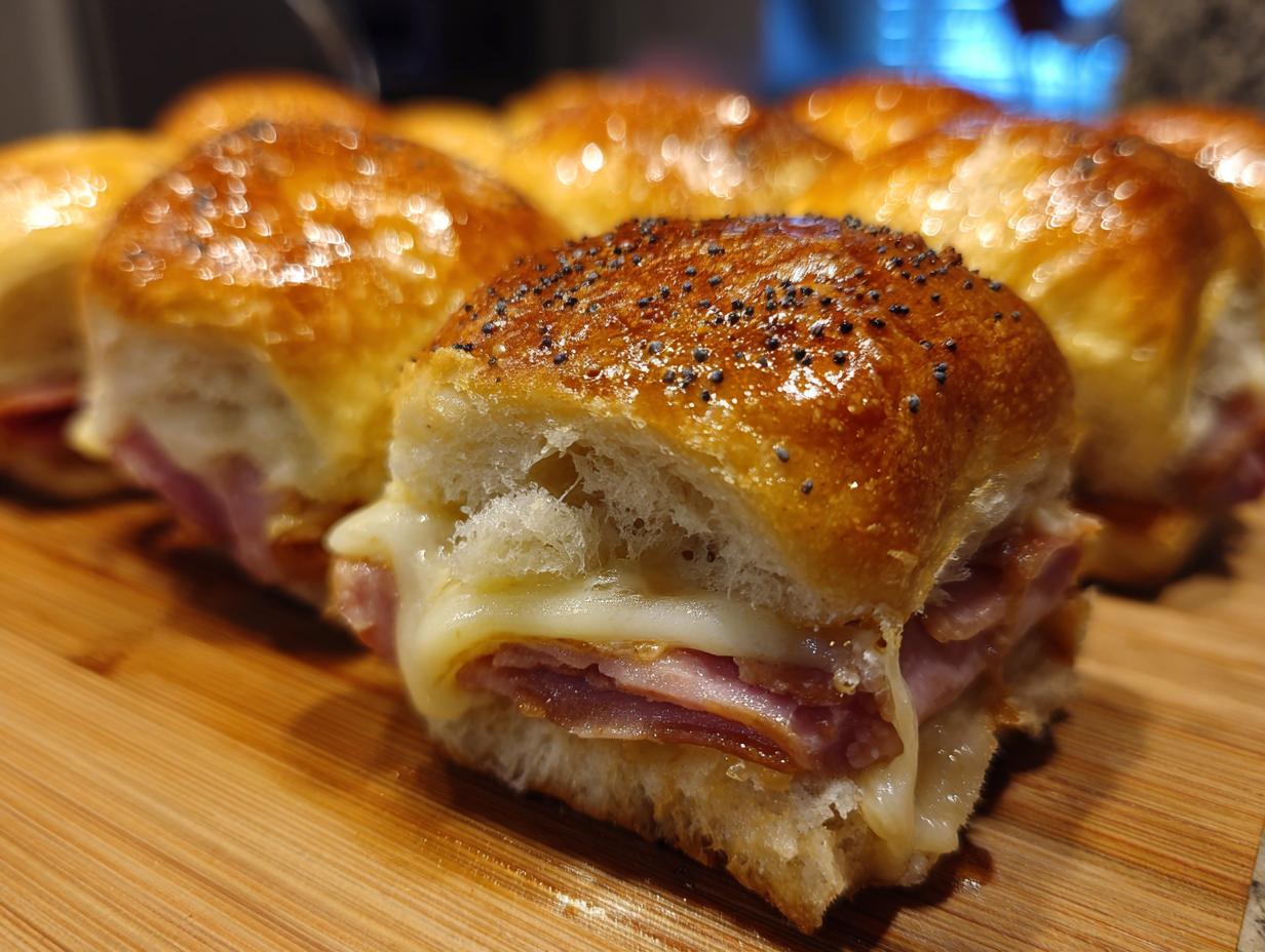A close-up of freshly baked Ham and Cheese Sliders showing melted cheese oozing out, topped with a shiny glaze and poppy seeds.