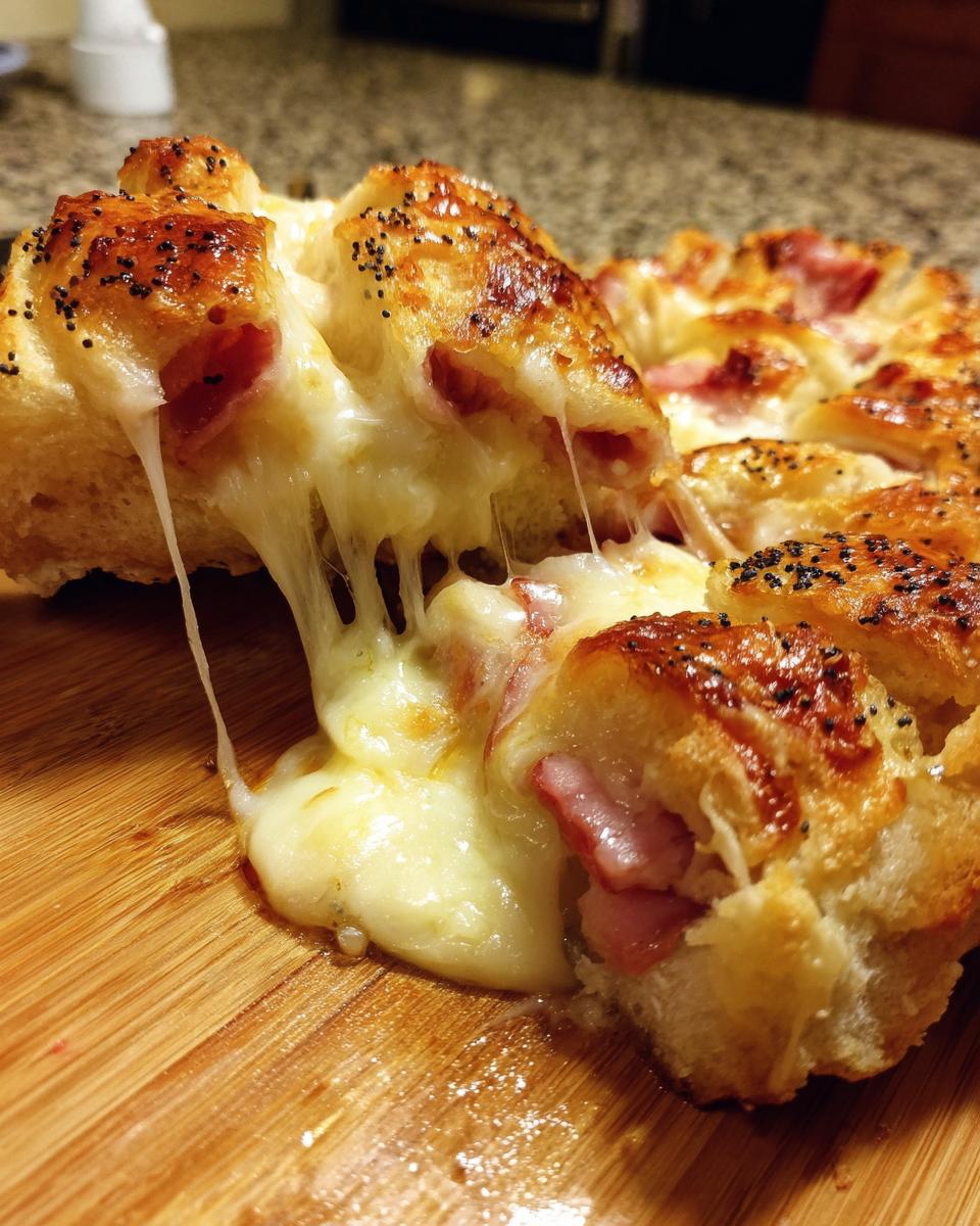A piece of baked Ham and Cheese Sliders being pulled away, showing extreme cheese stretch and melted ham inside poppy seed buns.