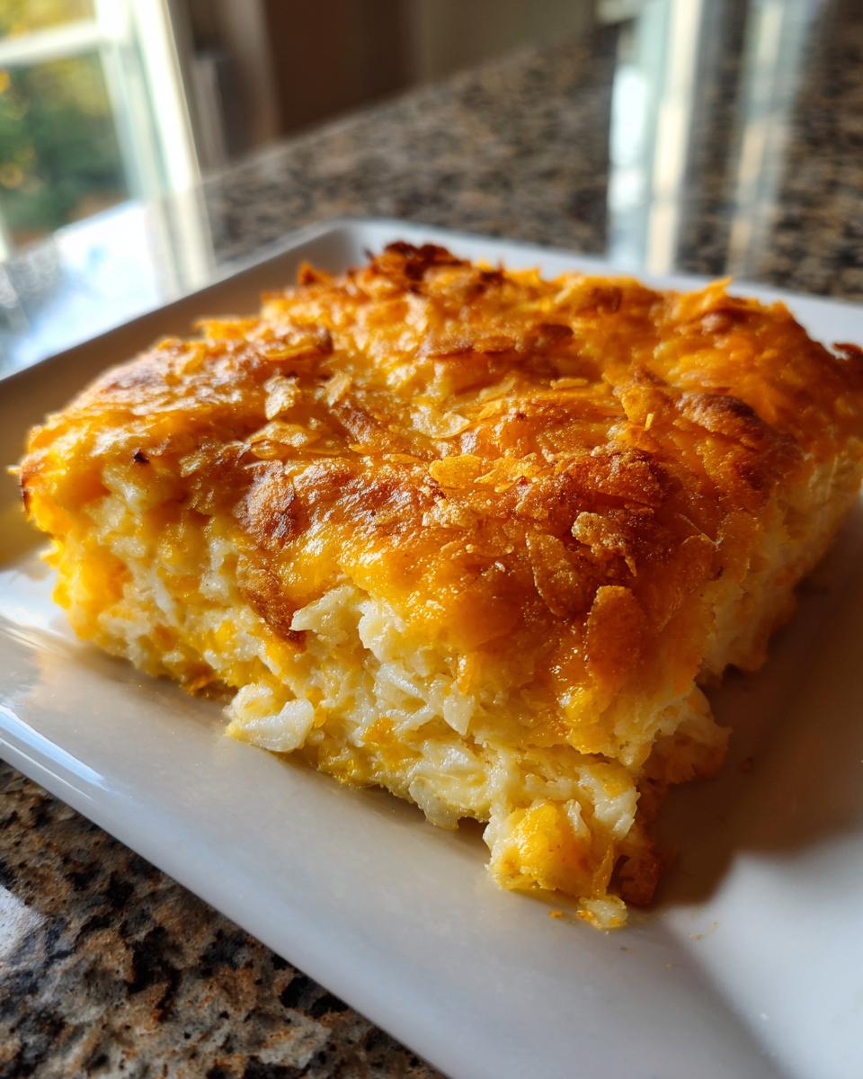 A square serving of cheesy hashbrown casserole with a golden, crispy topping, served on a white plate.