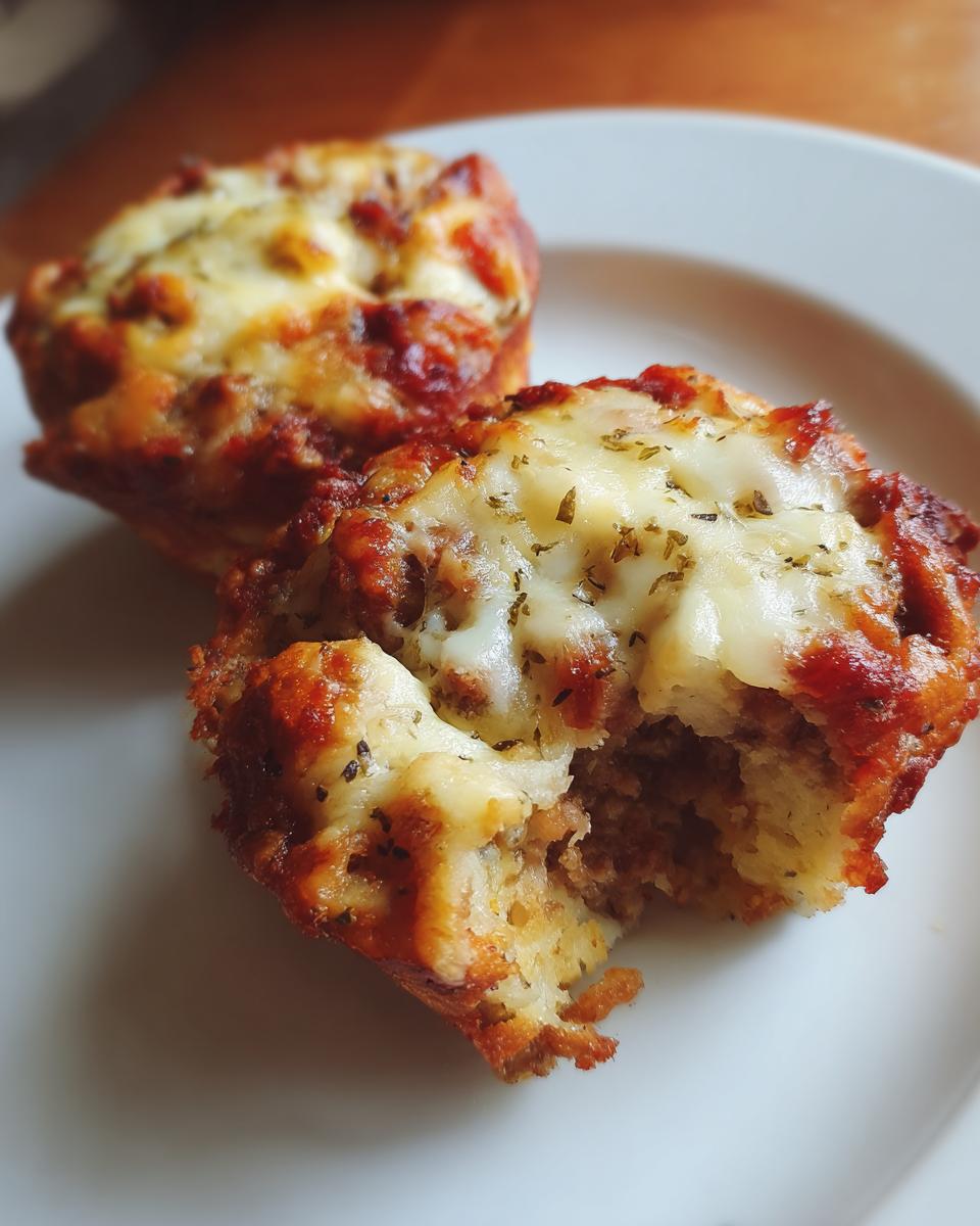 Two freshly baked pizza muffins on a white plate, one with a bite taken out showing the soft interior and cheesy topping.