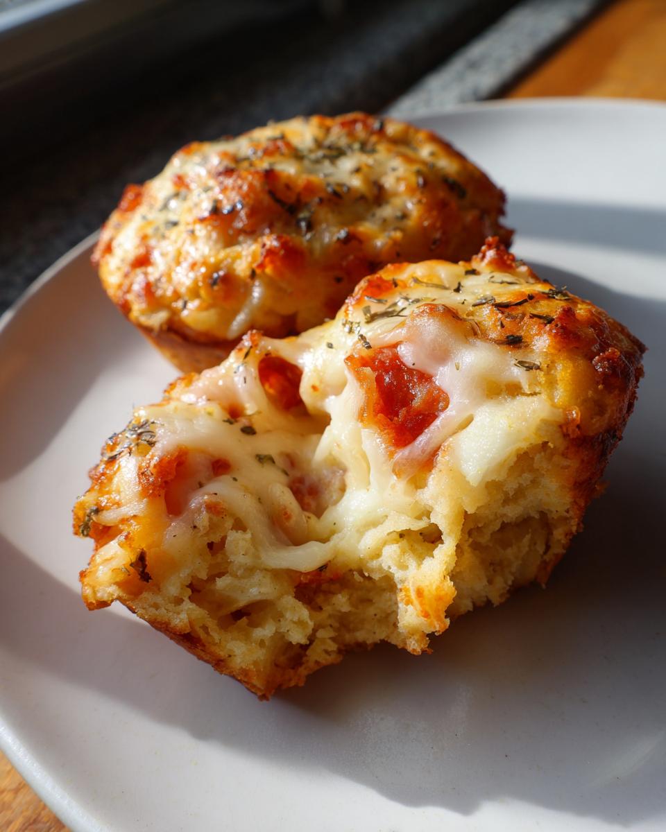 Close-up of a torn Pizza Muffins showing gooey, melted cheese and herbs on top.