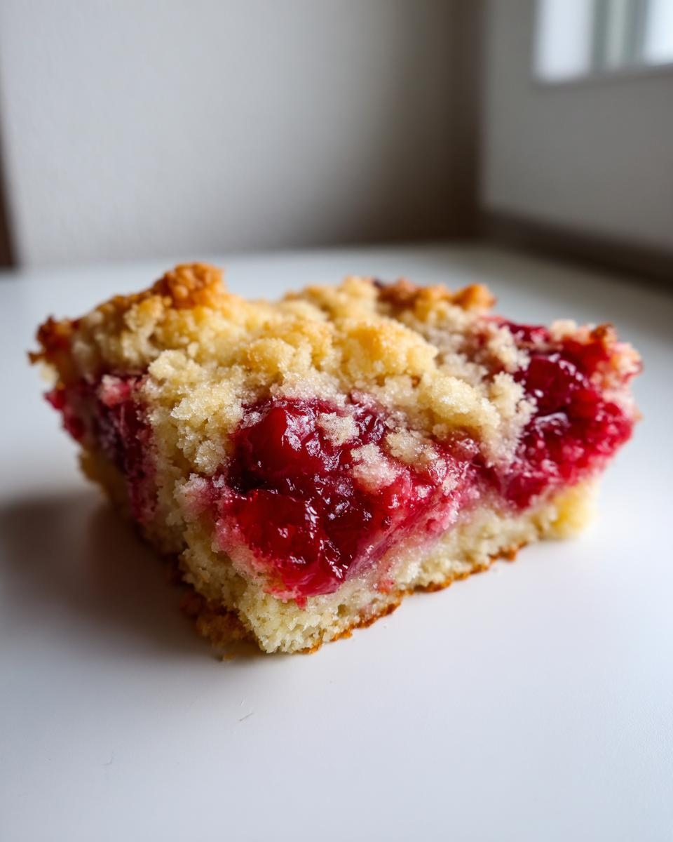 Close-up of a square slice of moist cherry dump cake with a crumbly topping.