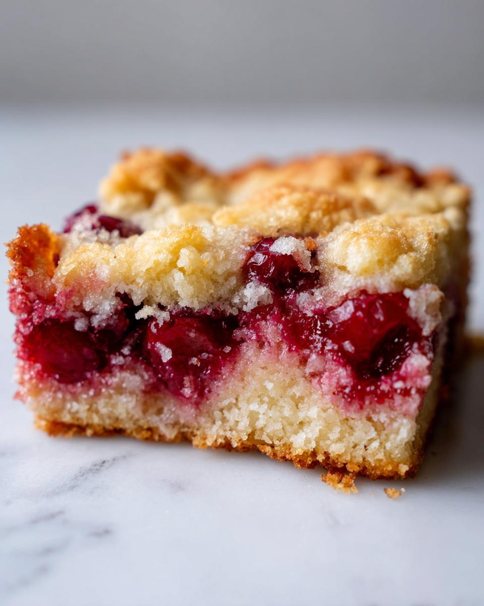 A close-up view of a square slice of cherry dump cake showing the bright red cherry filling and crumbly topping.