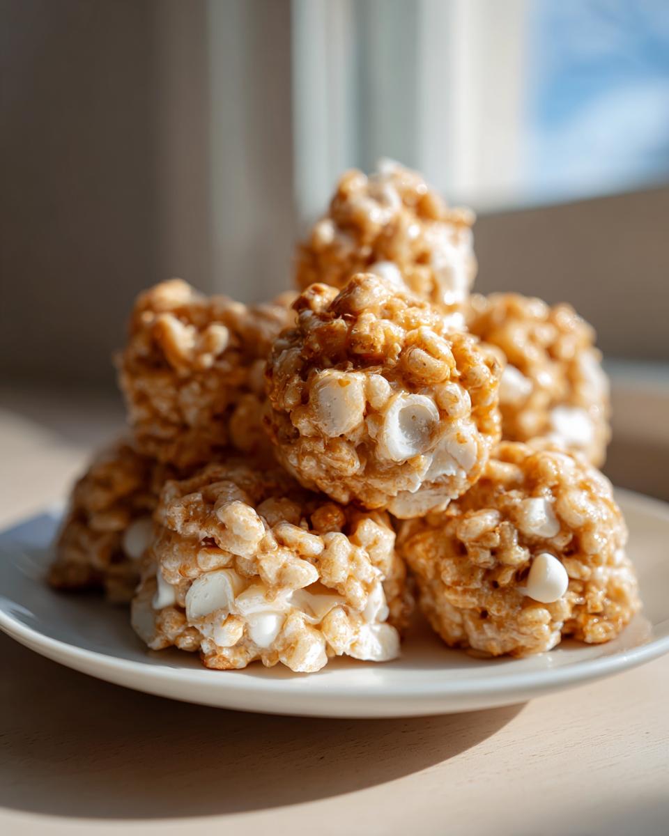 A close-up stack of golden brown avalanche cookies mixed with visible white chocolate chips on a white plate.