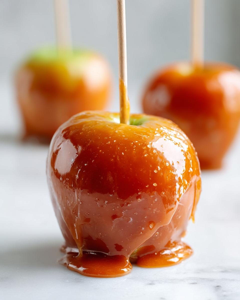 Close-up of a glossy, dripping caramel apple on a wooden stick, with more caramel apples blurred in the background.