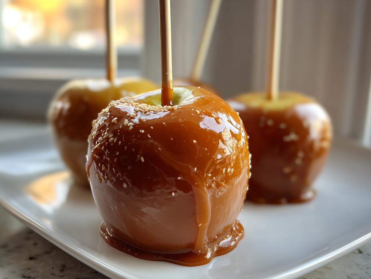 A close-up of a glossy caramel apple, drizzled with sticky caramel and sprinkled with sea salt, ready to eat.