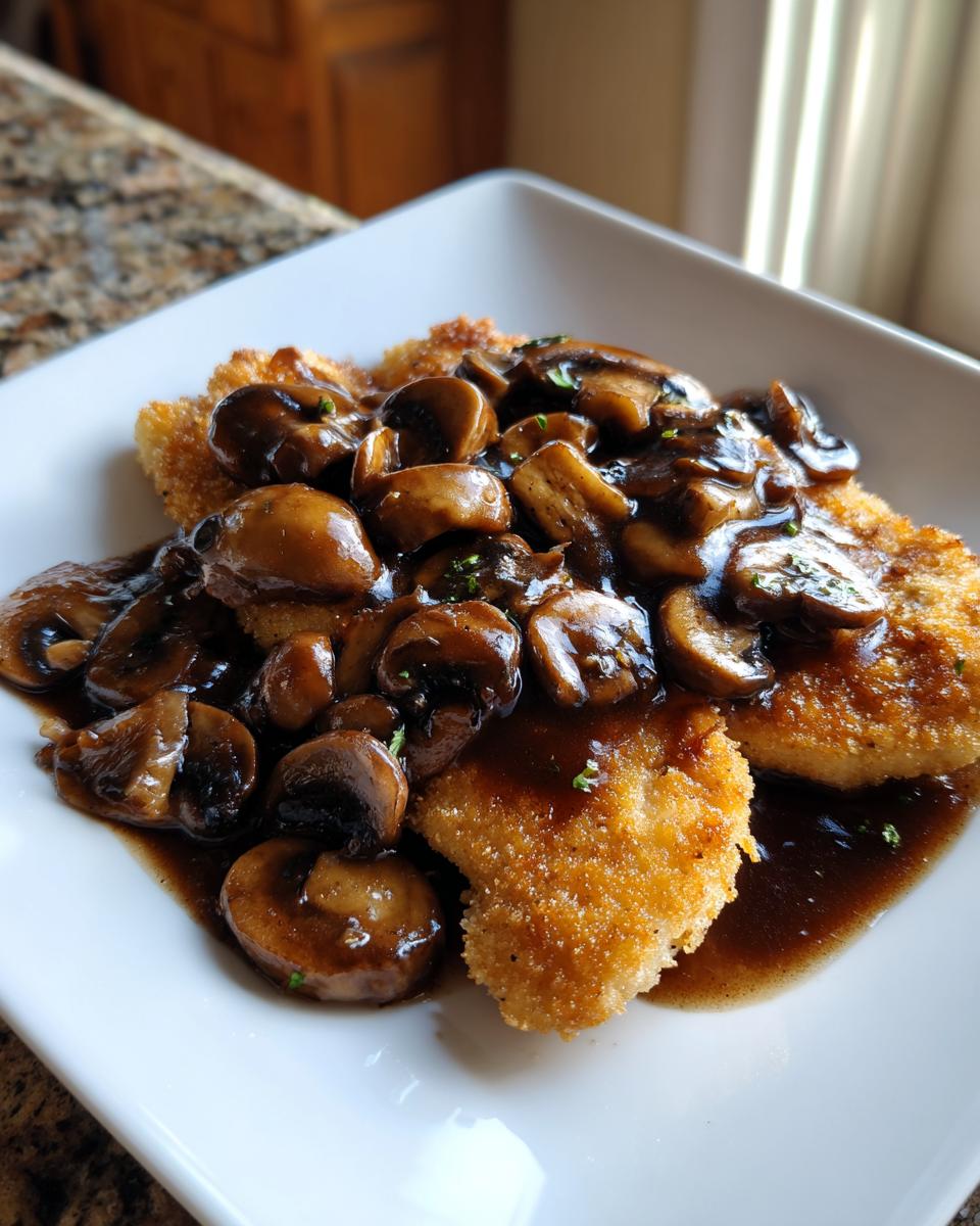 Two breaded cutlets of Chicken Marsala covered in a rich, dark mushroom and Marsala wine sauce.