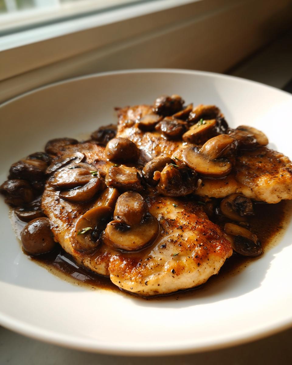 Two golden-brown Chicken Marsala cutlets smothered in a dark, savory sauce with sautéed brown mushrooms.
