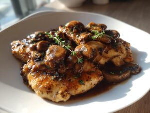 Close-up of pan-seared Chicken Marsala breasts covered in rich brown mushroom sauce and fresh thyme.