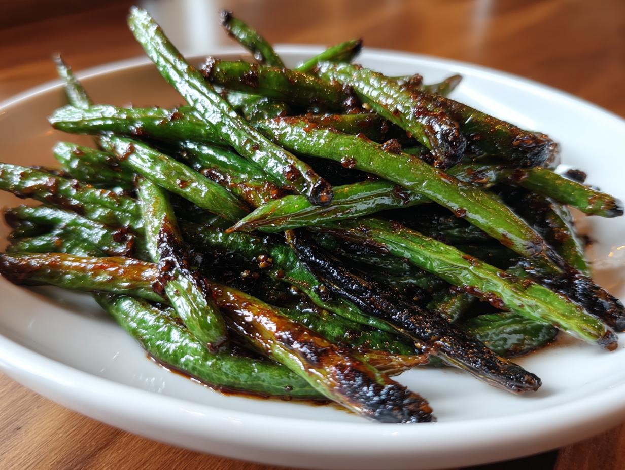 A close-up of blistered chinese green beans with garlic sauce served in a white bowl.