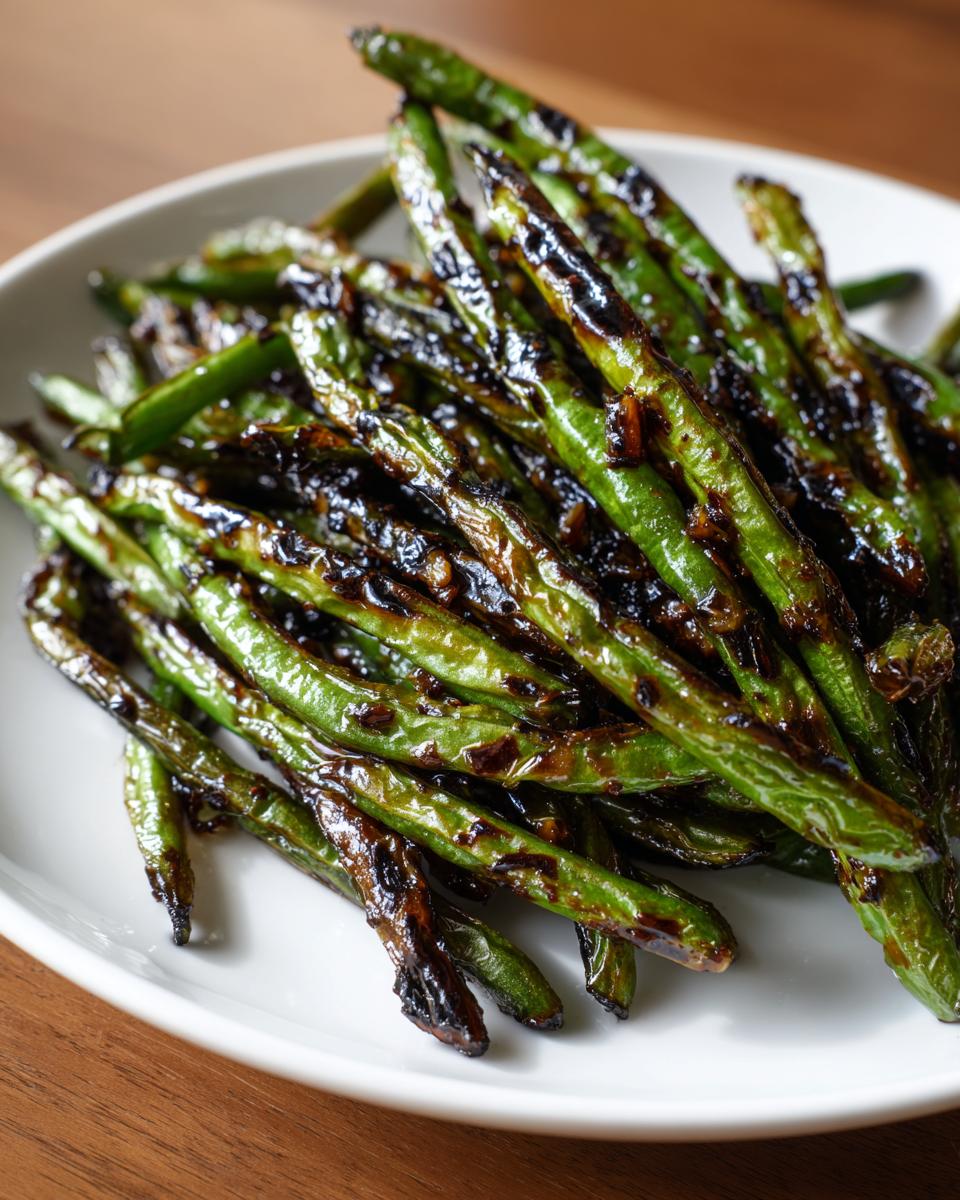A plate of blistered, glossy chinese green beans with garlic sauce, showing char marks.