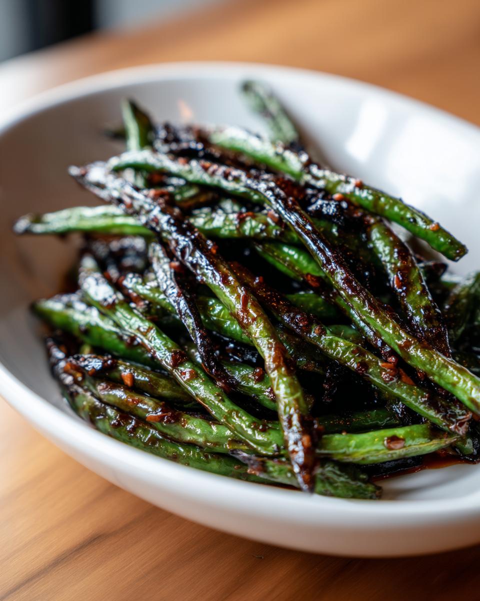 A close-up of vibrant green beans coated in a dark, glossy garlic sauce, served in a white bowl.